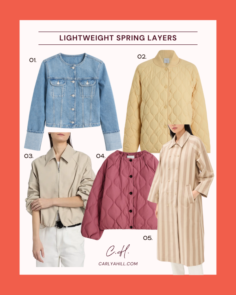 Collage of lightweight spring layers including a cropped denim jacket, yellow quilted jacket, beige bomber jacket, pink quilted jacket, and striped trench coat for cold spring weather in NYC.